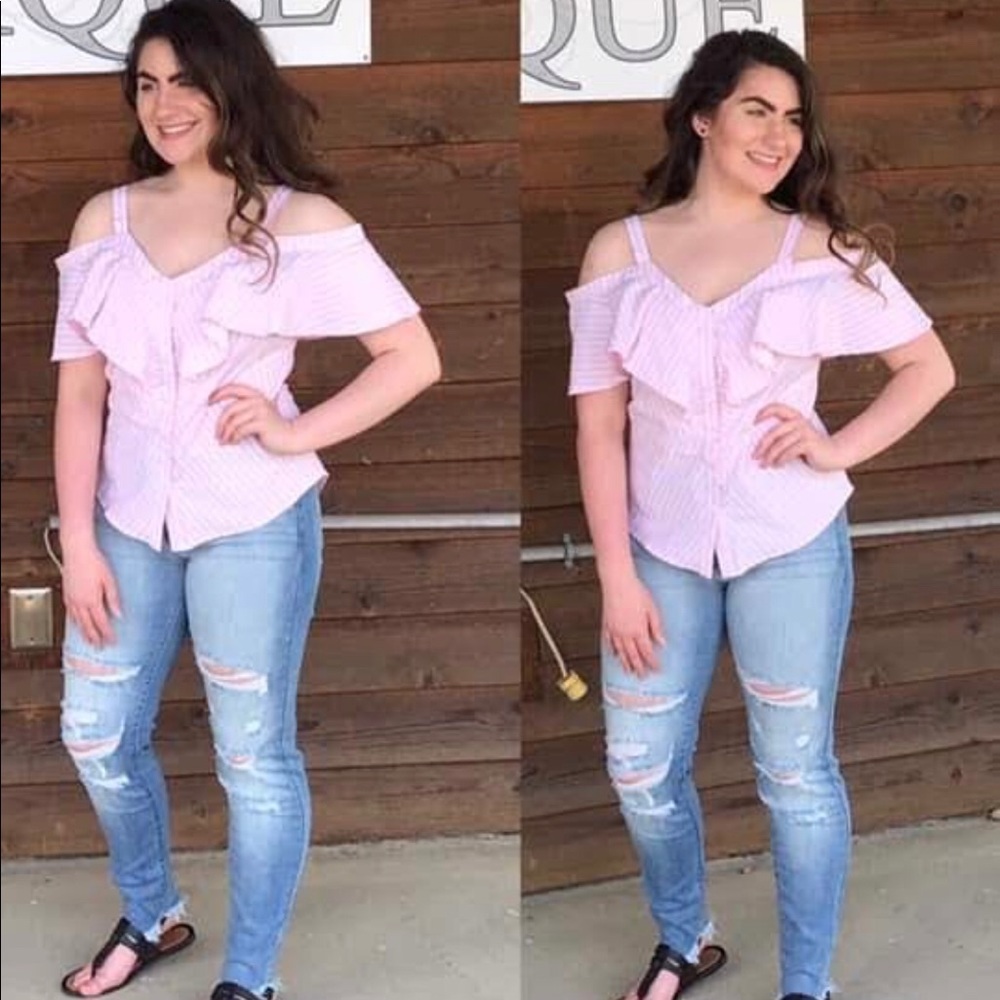 Pink/White Stripe Button-Up Blouse